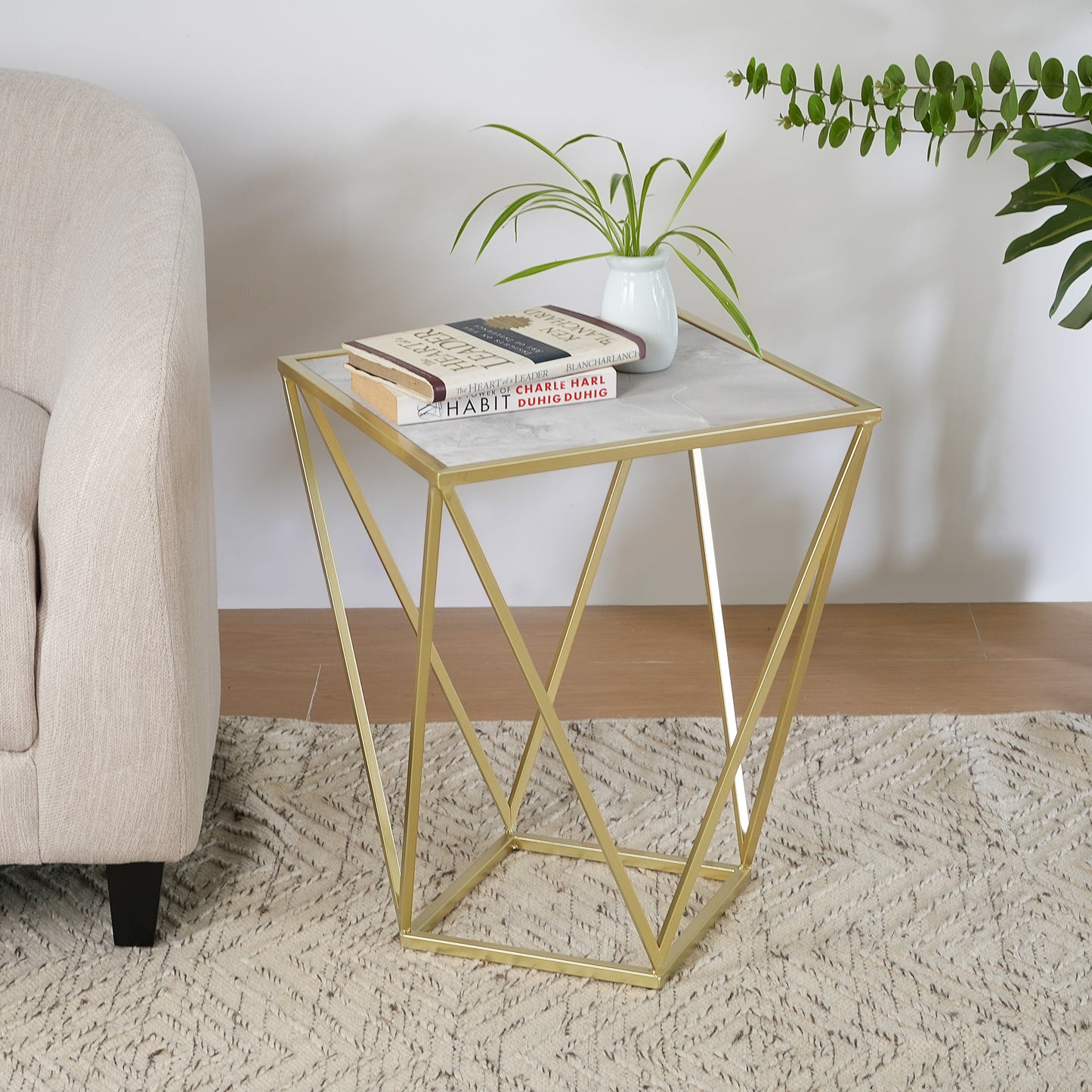 Calliopa Creative Simple Glass Side Table,Gold+White Color