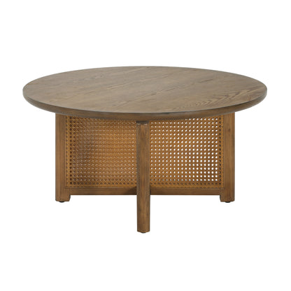 Orlenquess 32'' Rattan Coffee Table, Round Rattan Woven Wood Coffee Table