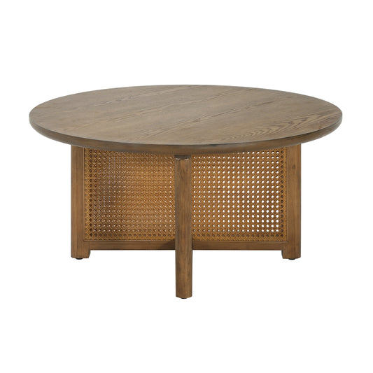 Orlenquess 32'' Rattan Coffee Table, Round Rattan Woven Wood Coffee Table