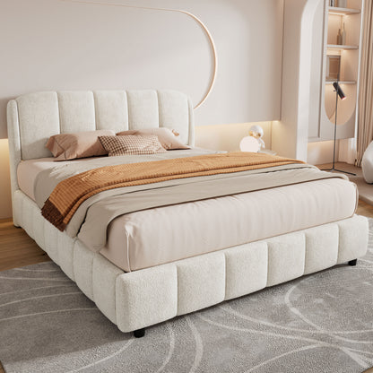 Florian Platform Bed, Soft Boucle Fabric Upholstered Platform bed with Curve-Shaped Design Headboard