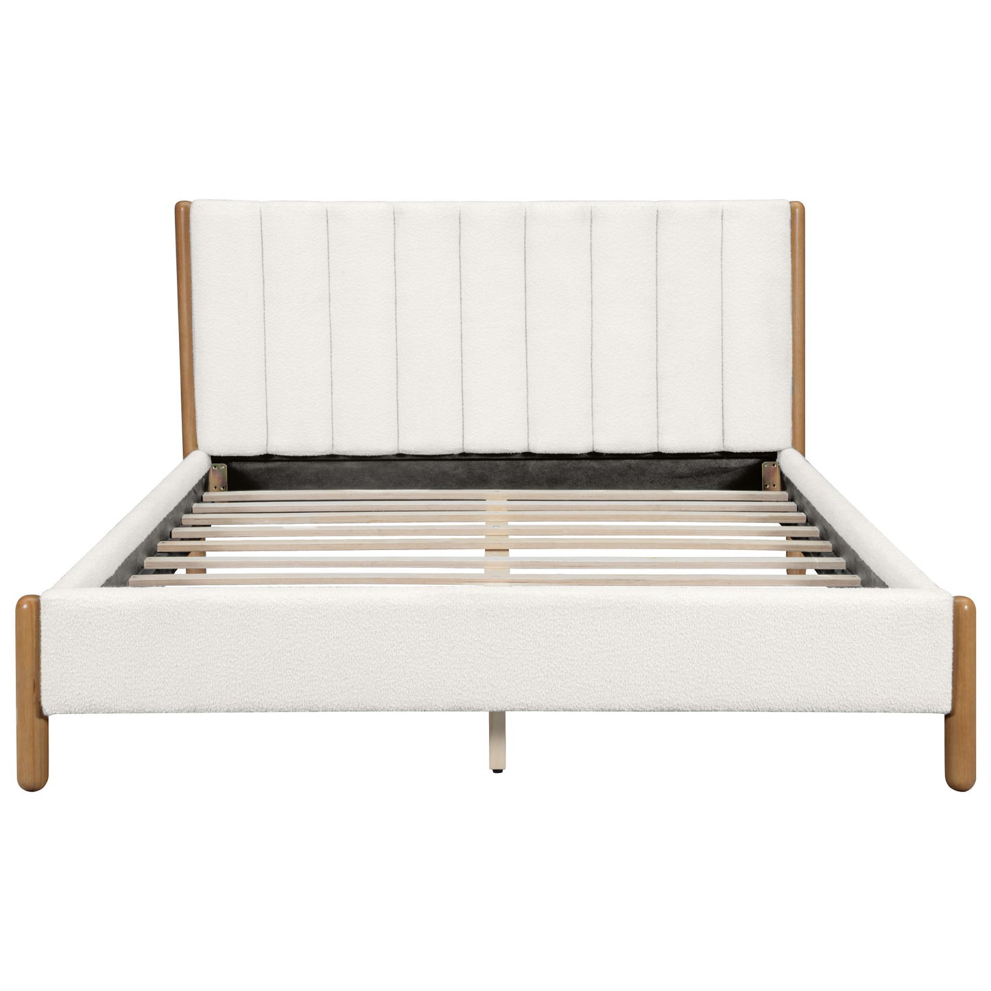 Punil Solid Wooden Bed Frame with Boucle Upholstered Thick Headboard