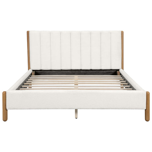 Punil Solid Wooden Bed Frame with Boucle Upholstered Thick Headboard