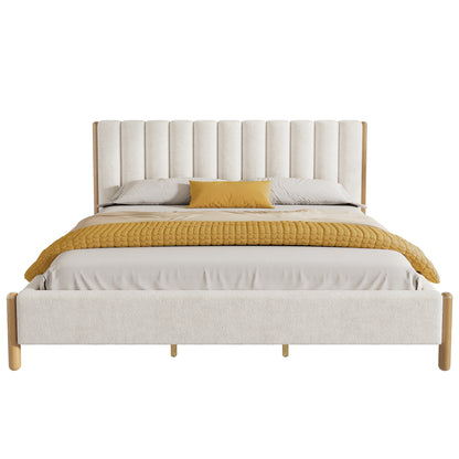 Punil Solid Wooden Bed Frame with Boucle Upholstered Thick Headboard