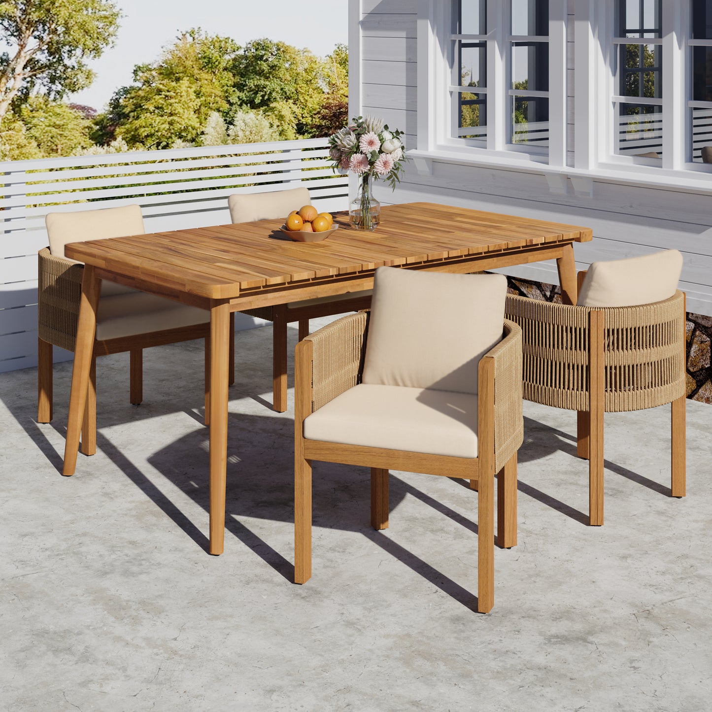 Sylvia Outdoor Dining Set with Acacia Wood Table and 4 Chairs,Waterproof Cushions