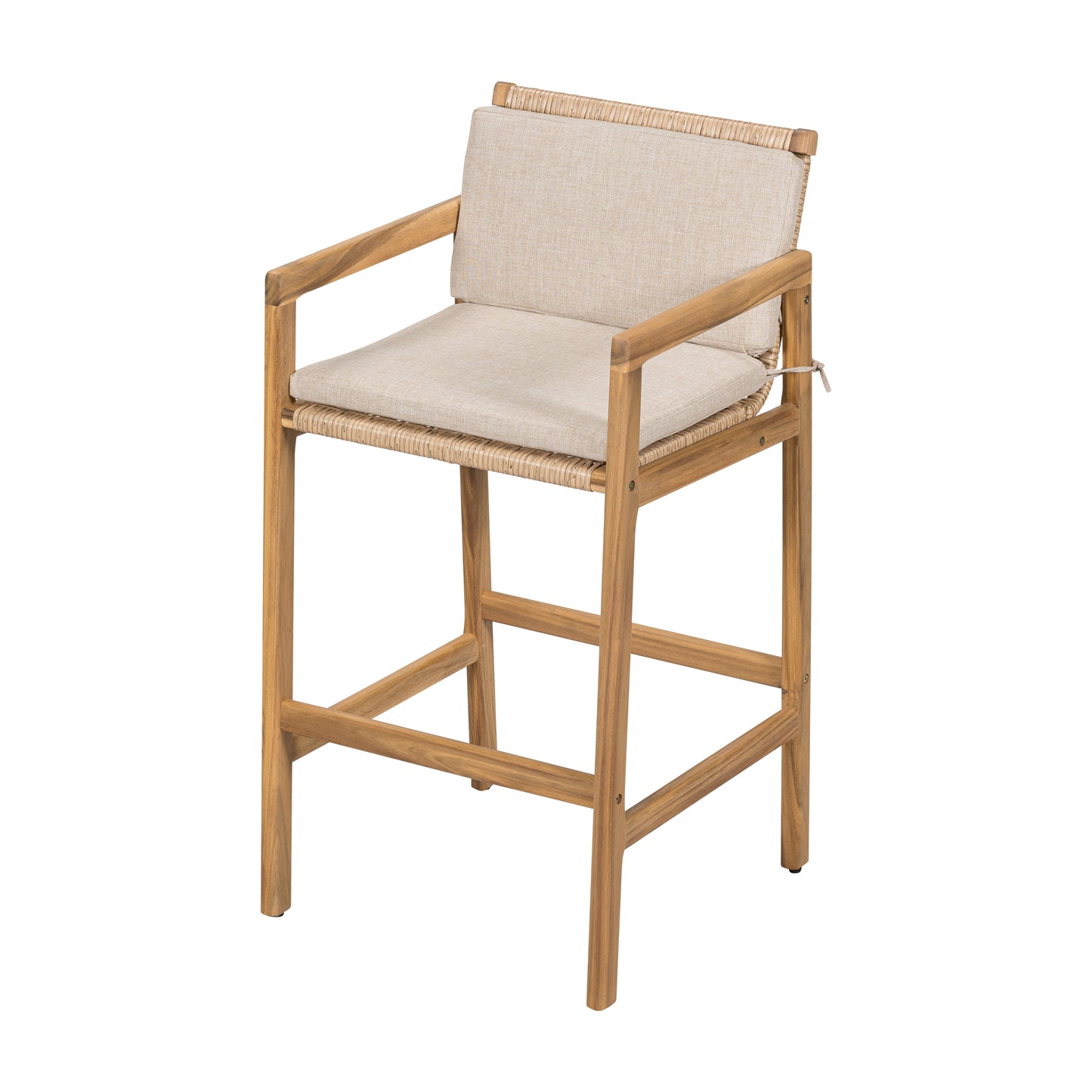 Yliraeth Wood Outdoor Barstool, Teak Finished Wood with Beige Cushion, Set of 2