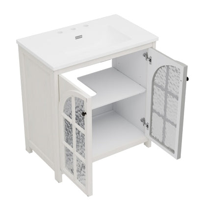 ‌Nexrail 31" Vintage Bathroom Vanity with Ceramic Sink, with Bronze Pulls and Tempered Glass