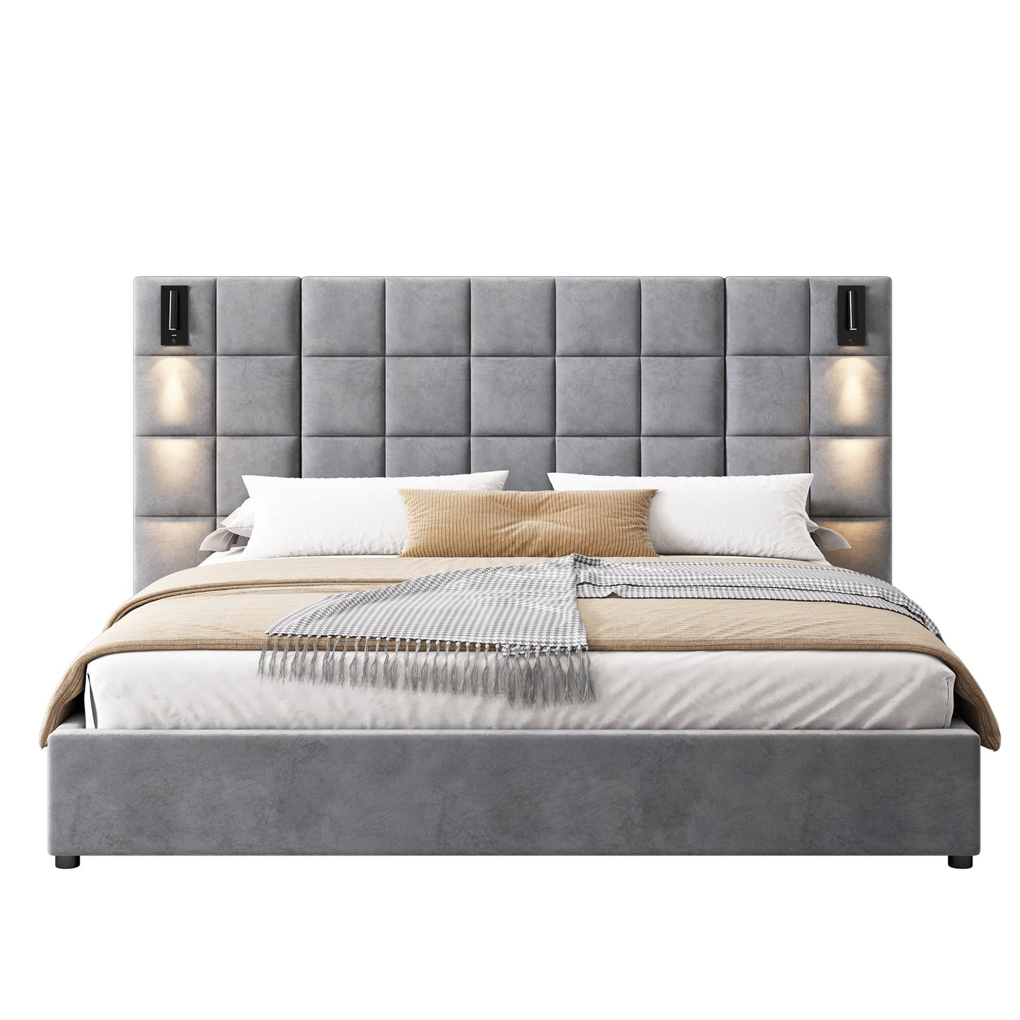 Elara Upholstered bed,with reading lamp and USB port, wide headboard,without bedside tables and mattress