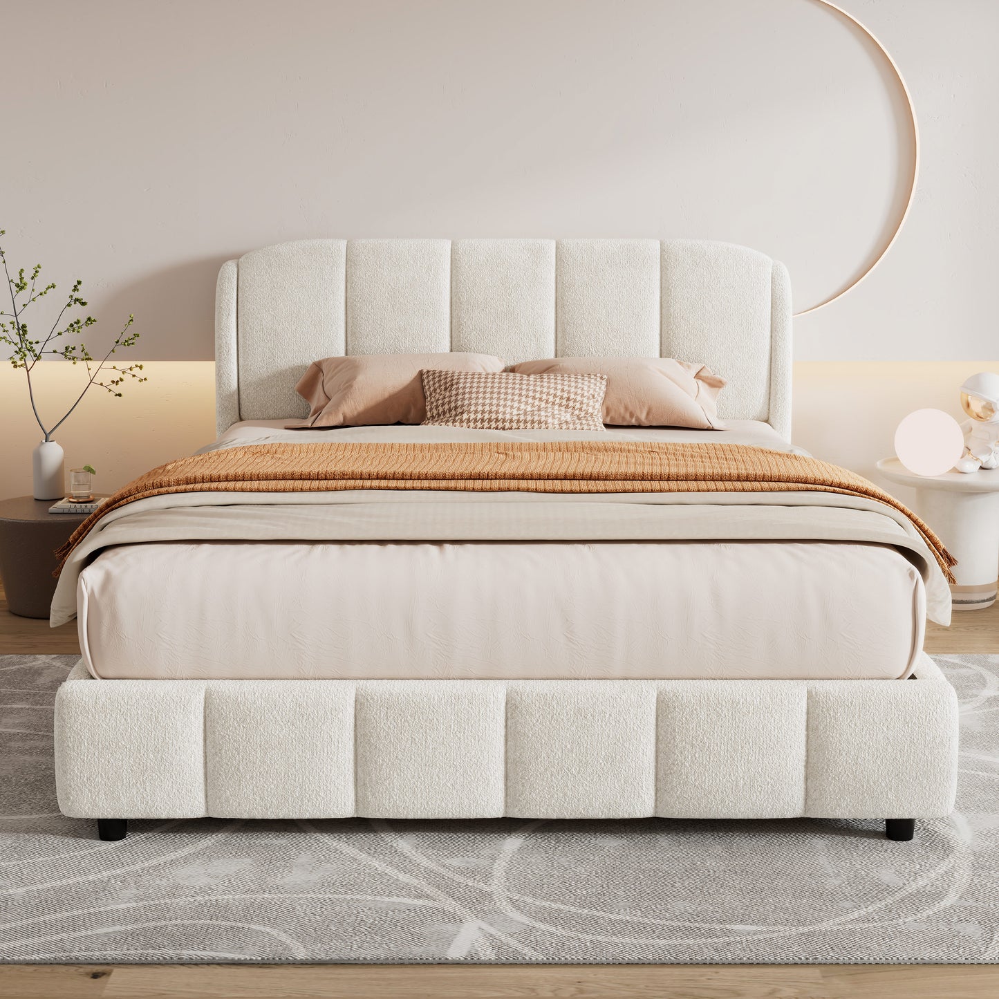 Florian Platform Bed, Soft Boucle Fabric Upholstered Platform bed with Curve-Shaped Design Headboard