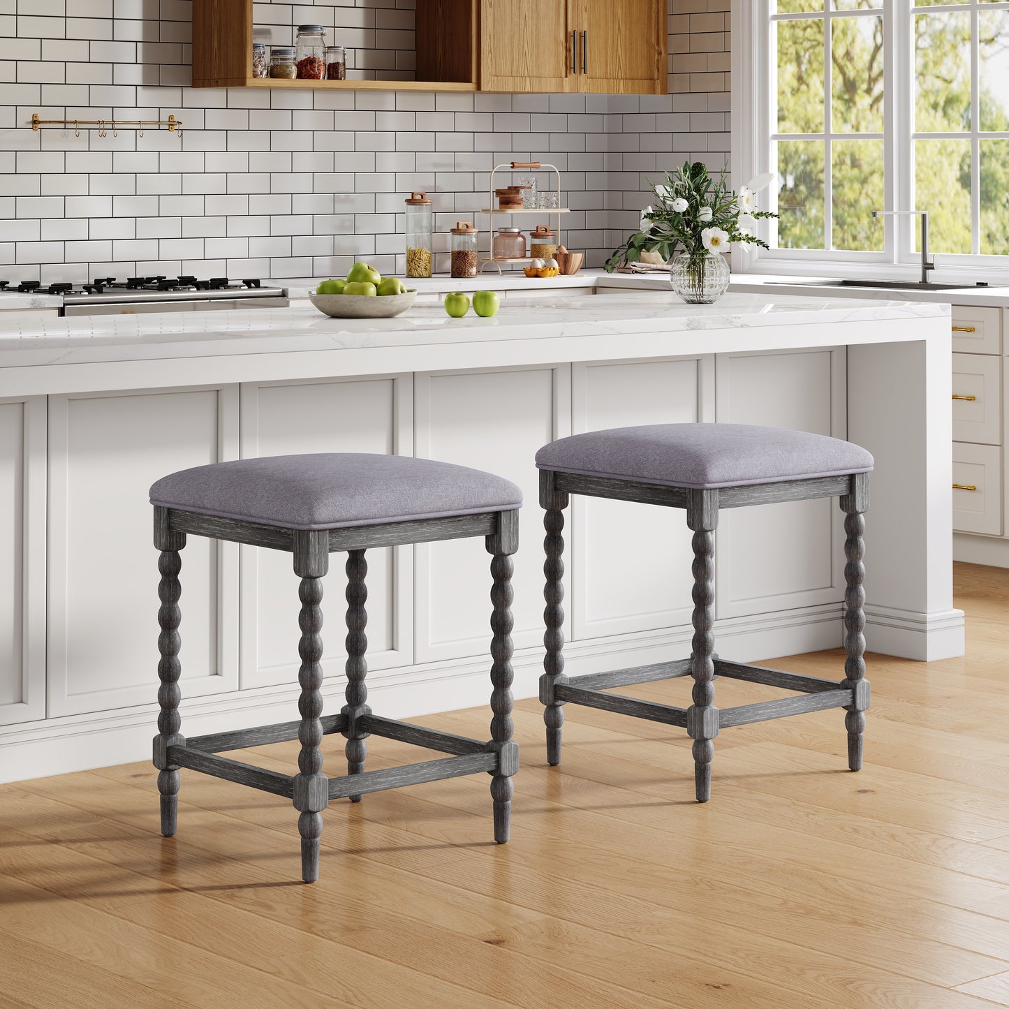 Imogen 26''Counter Stools with Upholstered Seat, Solid Acacia wood Frame, Foam-Padded Seat