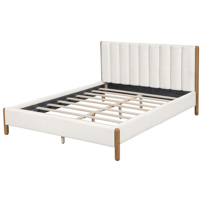Punil Solid Wooden Bed Frame with Boucle Upholstered Thick Headboard