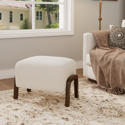 Sorena Upholstered Ottoman, Wooden Legs, White, Boucle