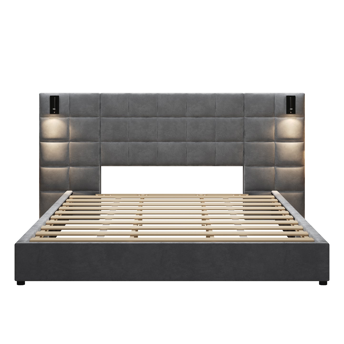 Elara Upholstered bed,with reading lamp and USB port, wide headboard,without bedside tables and mattress