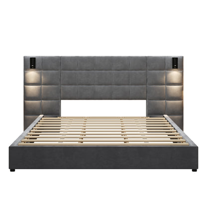 Elara Upholstered bed,with reading lamp and USB port, wide headboard,without bedside tables and mattress