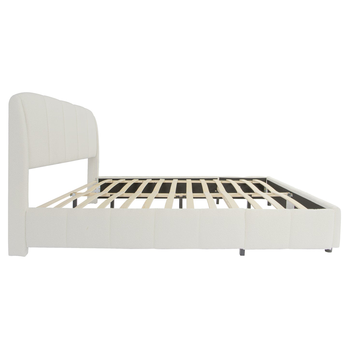 Florian Platform Bed, Soft Boucle Fabric Upholstered Platform bed with Curve-Shaped Design Headboard