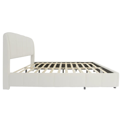 Florian Platform Bed, Soft Boucle Fabric Upholstered Platform bed with Curve-Shaped Design Headboard