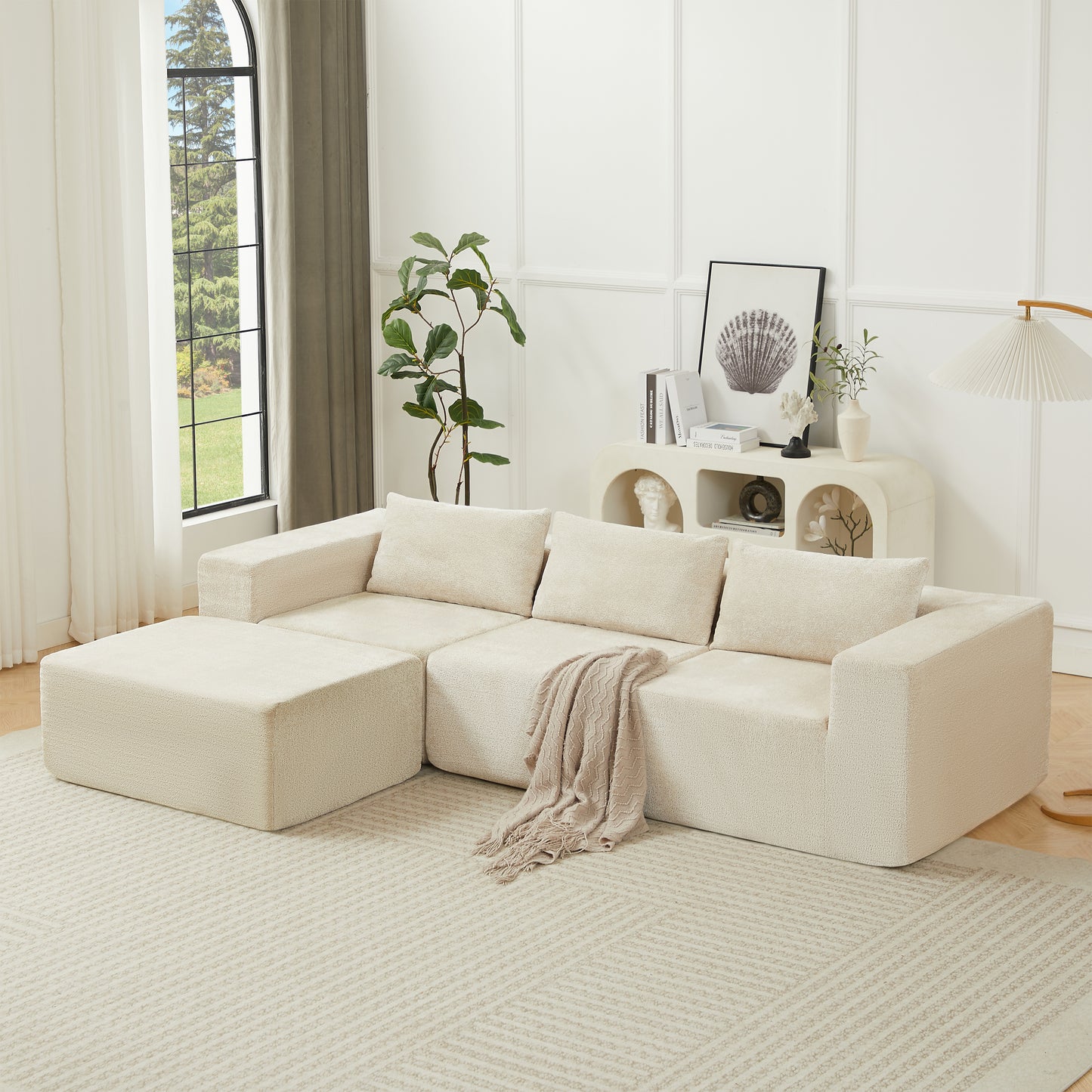 Fintin 107" Corduroy Modular Sectional Sofa with Ottoman, Zero Assembly Cloud Couch, Free Combination Design