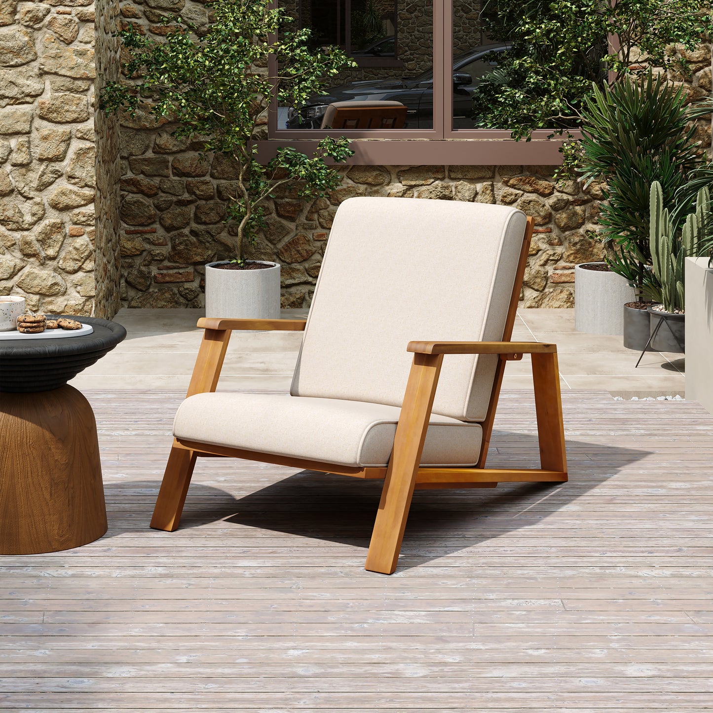 Youssef Patio Lounge Chair, Outdoor Club Chair with Beige Cushion