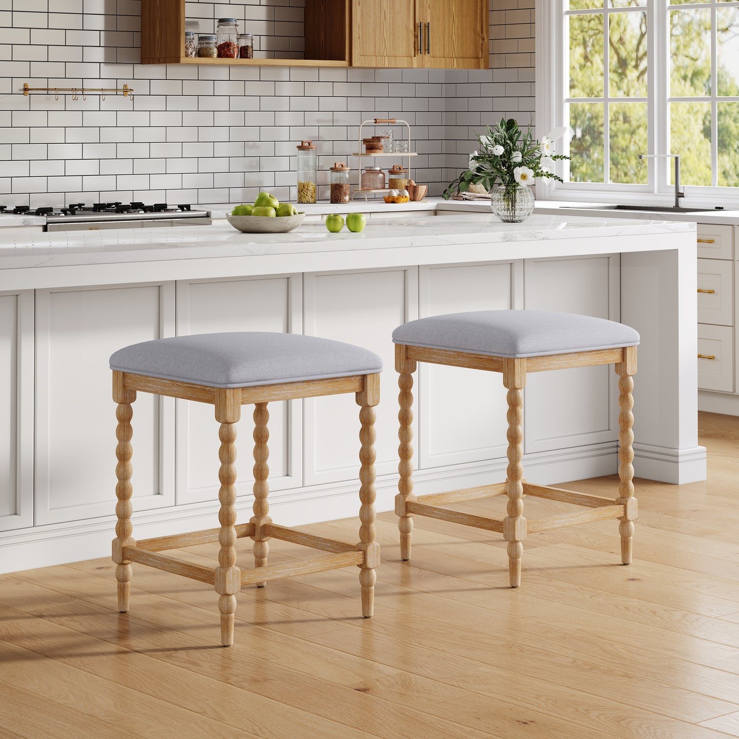 Imogen 26''Counter Stools with Upholstered Seat, Solid Acacia wood Frame, Foam-Padded Seat