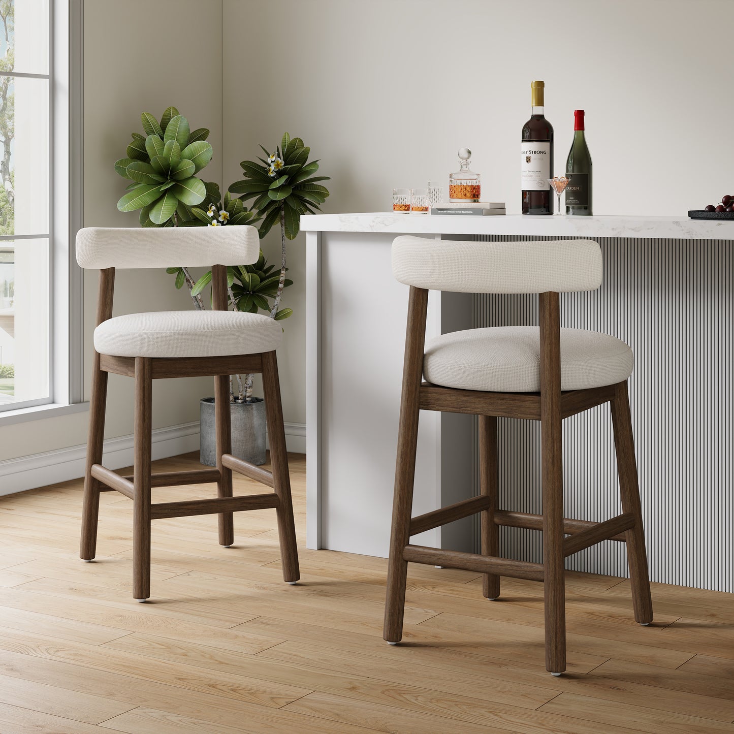 Quiner Modern Rubber Wood & Fabric Bar Stool,Set of 2