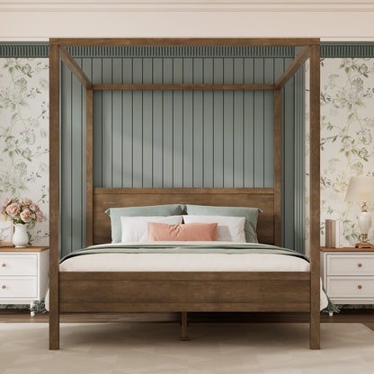 Quorcanor Queen Size Antique Oak Feature Solid Wood Canopy Bed