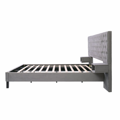Meridia Platform Bed with Headboard, Modern Velvet Upholstered Platform Bed with 2 Nightstands, with diamond tufted