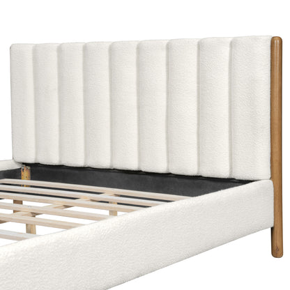 Punil Solid Wooden Bed Frame with Boucle Upholstered Thick Headboard