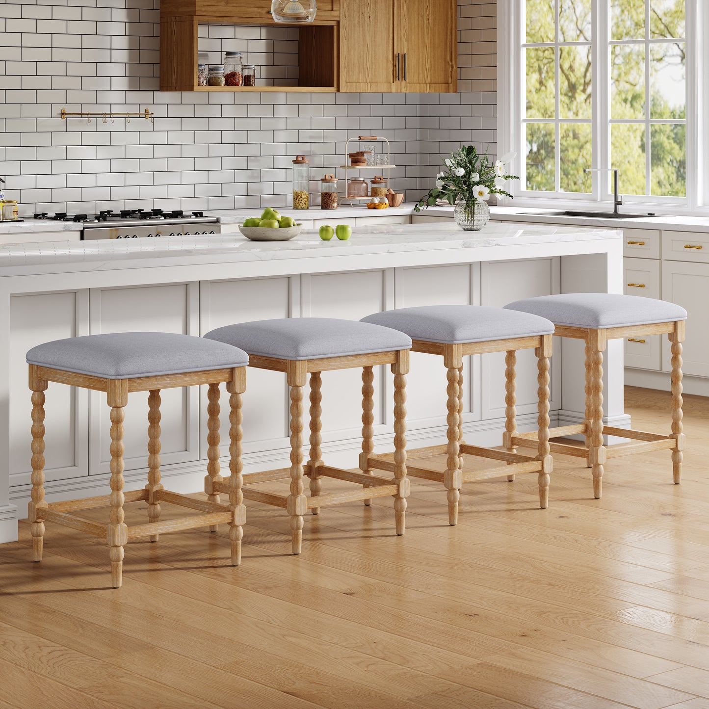 Imogen 26''Counter Stools with Upholstered Seat, Solid Acacia wood Frame, Foam-Padded Seat