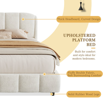 Florian Platform Bed, Soft Boucle Fabric Upholstered Platform bed with Curve-Shaped Design Headboard