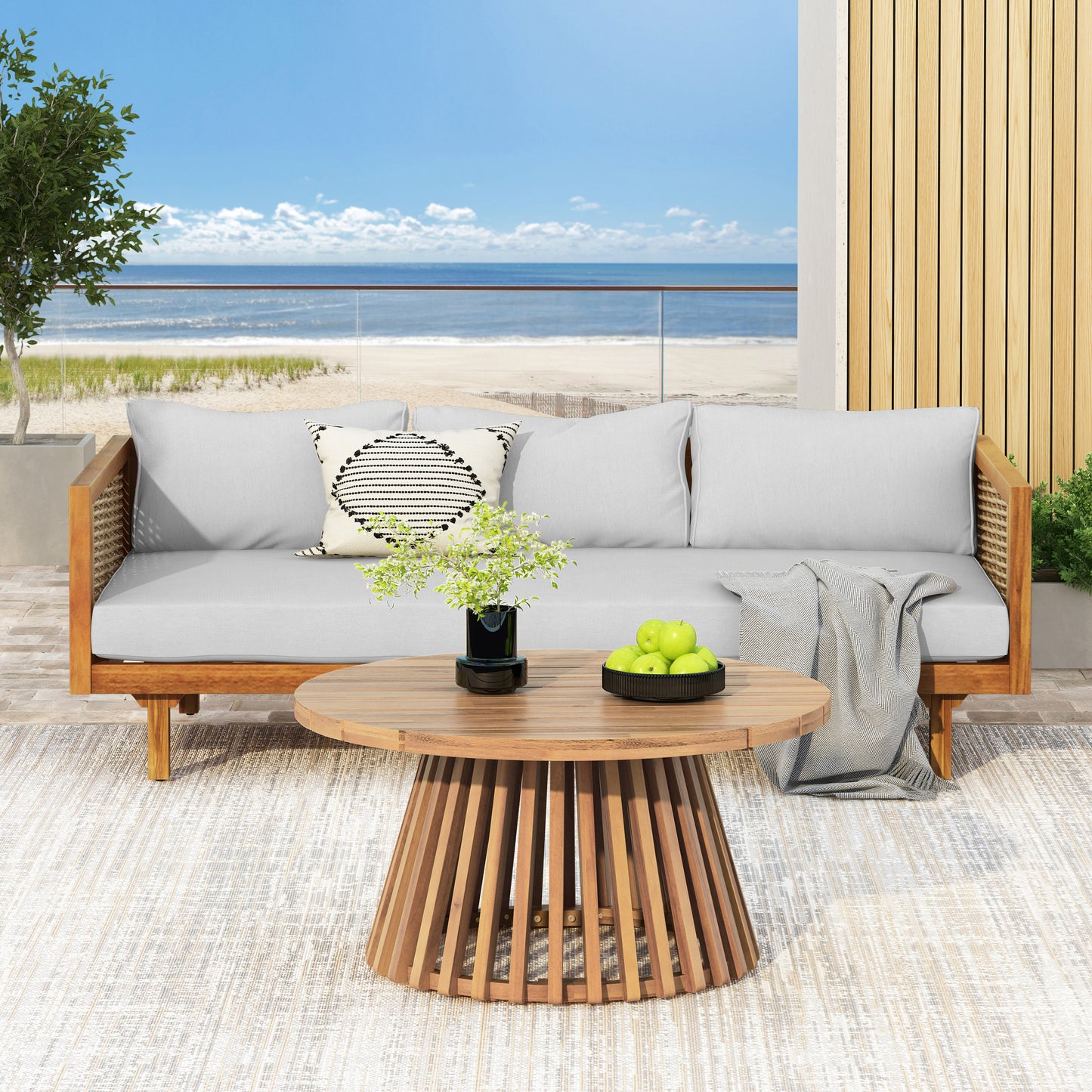 Xenath Outdoor Patio Furnitre Sets 3 Pieces,3 Seater Daybed With Rattan Arms  + Acacia Wood Table