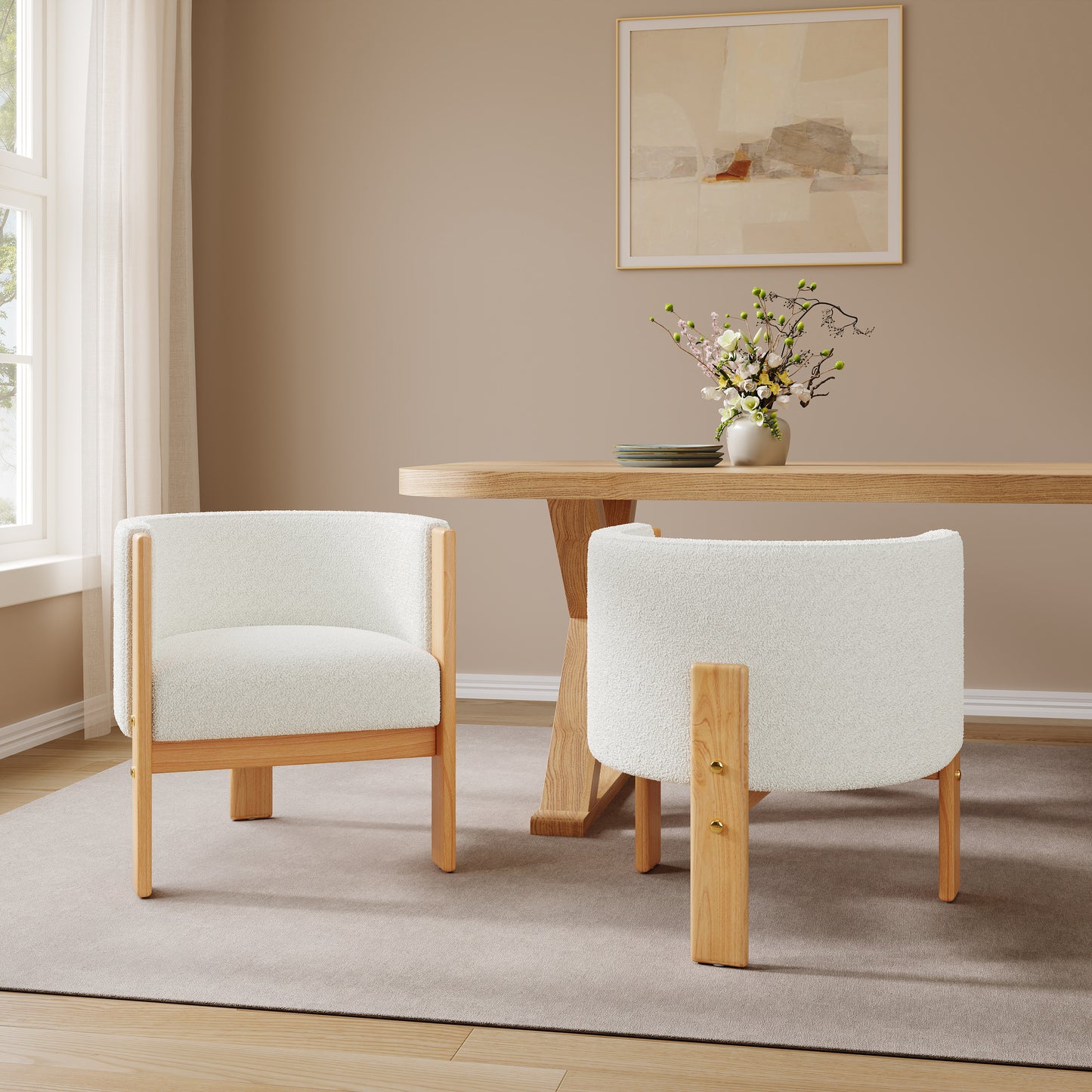 Inara Upholstered Dining Chairs Set of 2, Natural Rubber Wood Frame and White Boucle Fabric, Modern Armchairs