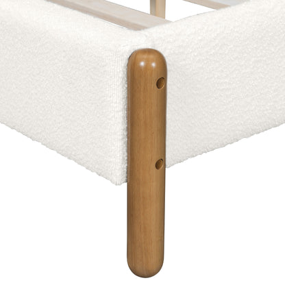 Punil Solid Wooden Bed Frame with Boucle Upholstered Thick Headboard