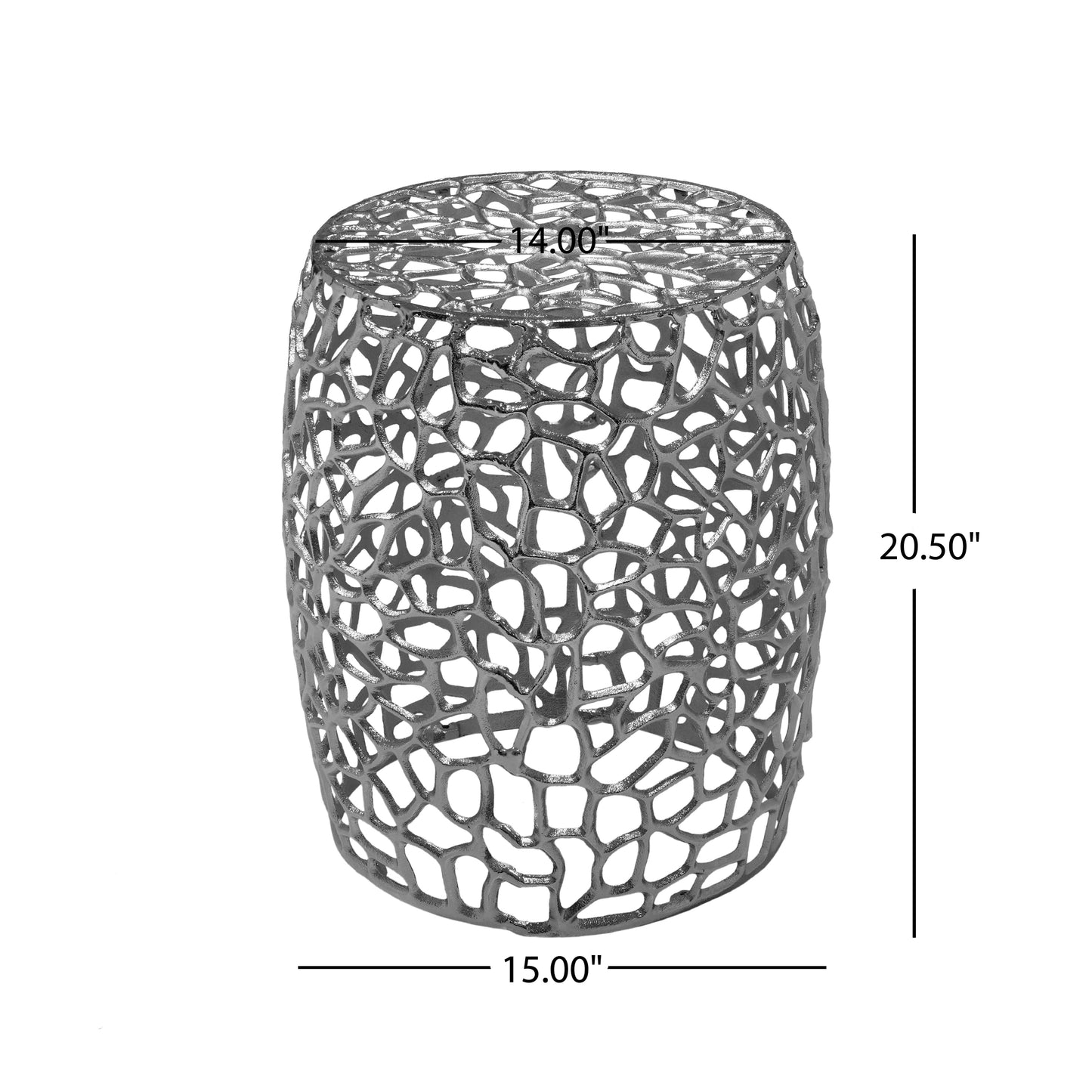 Saga Aluminum Drum hollow End Table with Intricate Design