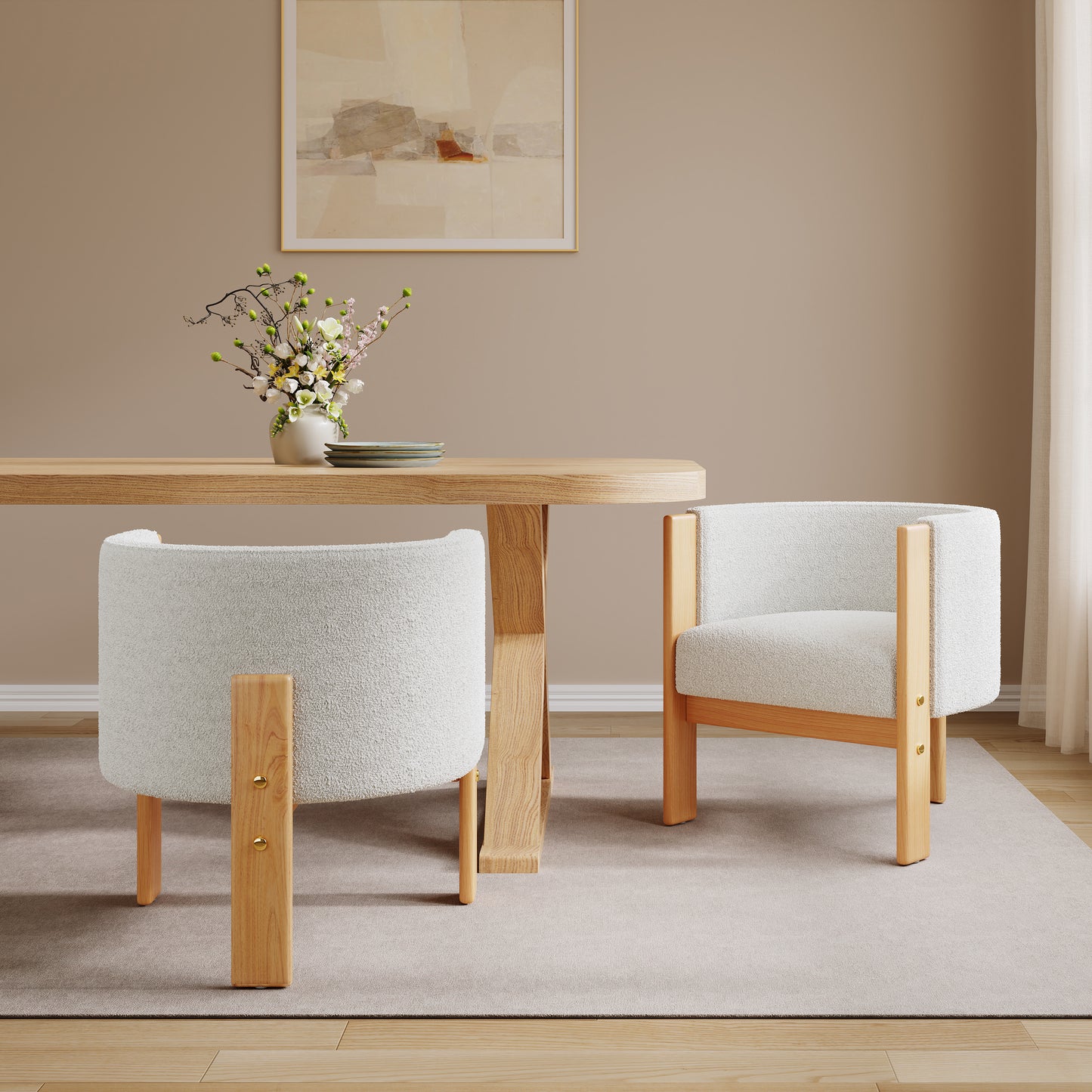 Inara Upholstered Dining Chairs Set of 2, Natural Rubber Wood Frame and White Boucle Fabric, Modern Armchairs