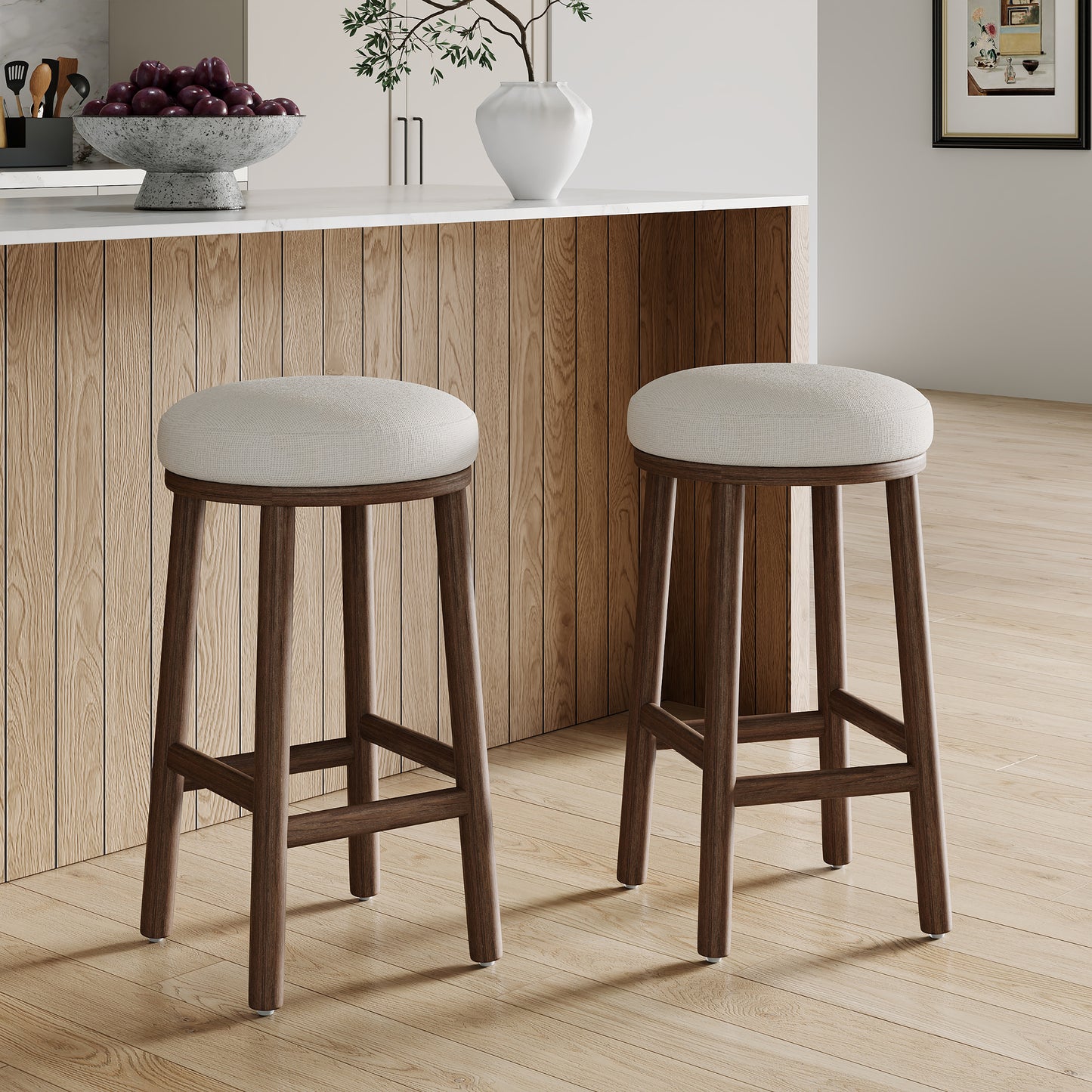 Nierbo Natural Rubber Wood & Fabric Bar Stool,Set of 2