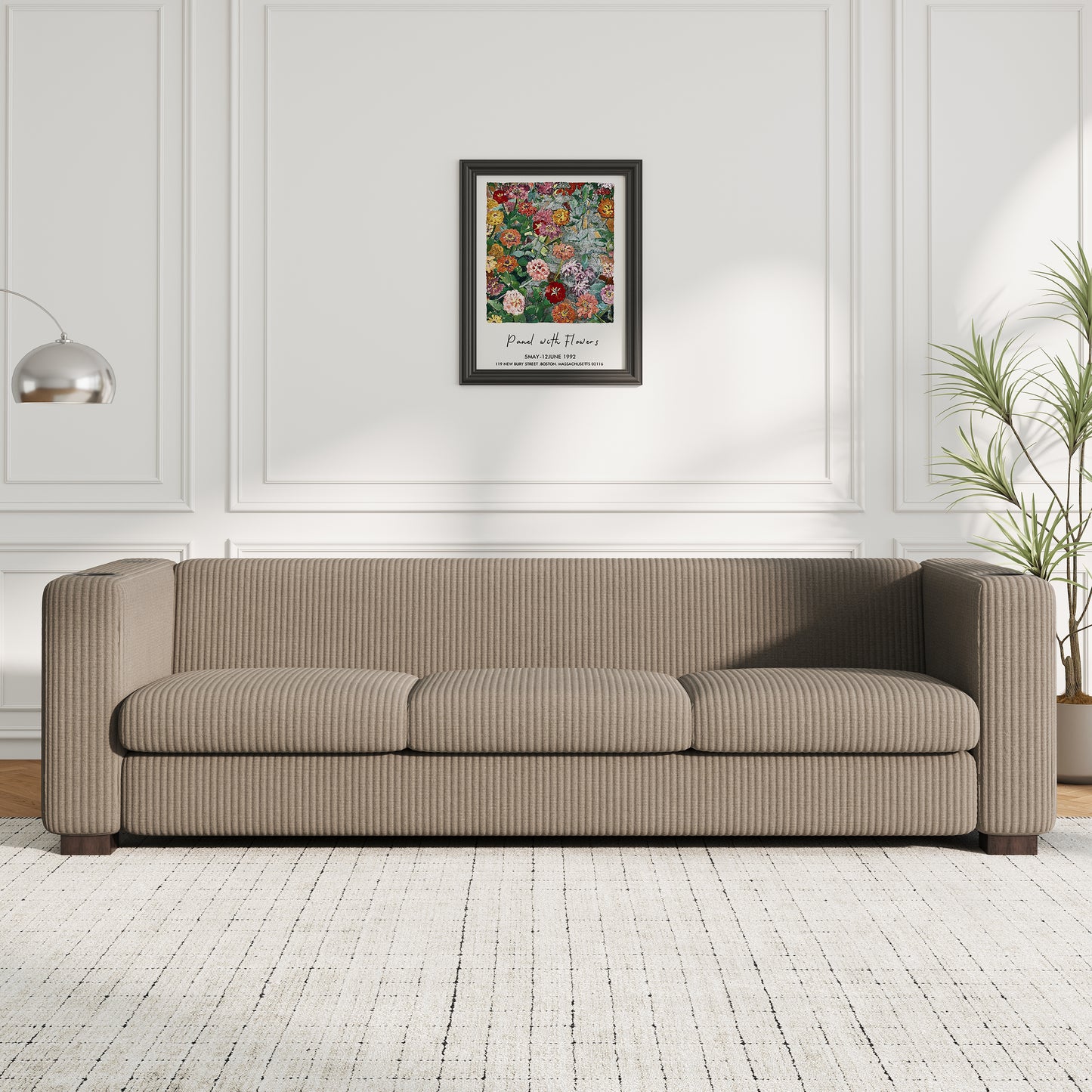 Modern three-seat Solid Wood sofa in striped finish with two cup holders