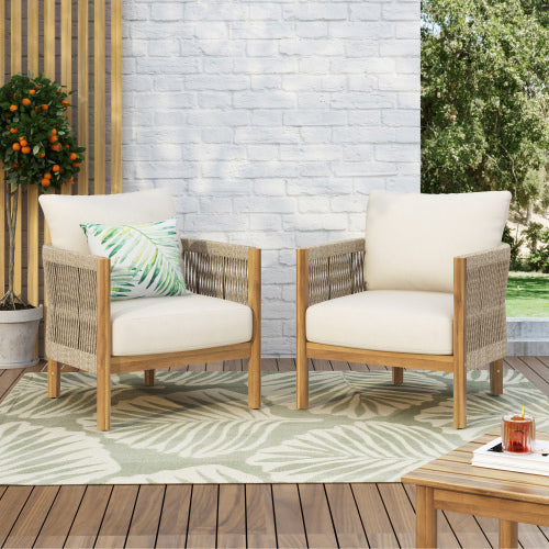 Fernver Ourdoor Woven Rope Patio Acacia Wood Club Chair, With Cushion