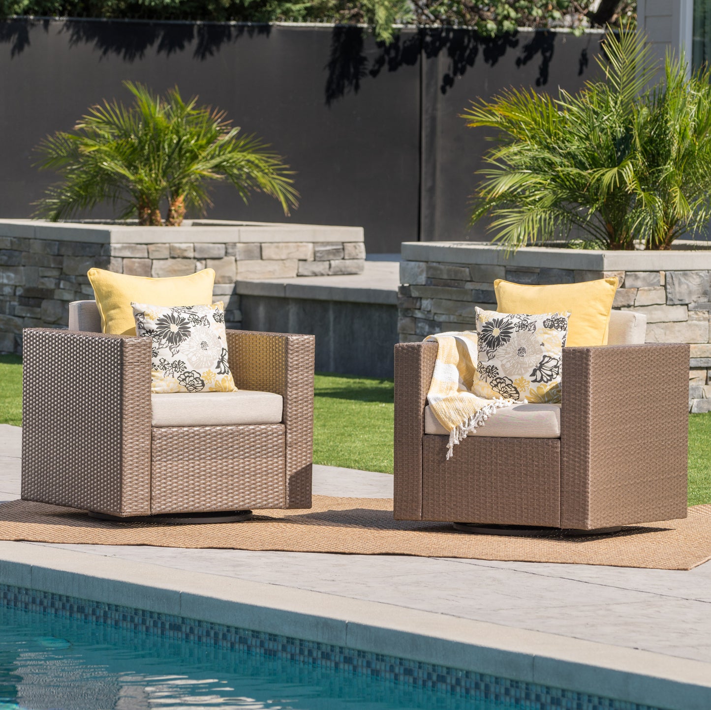 Venice Outdoor Wicker Swivel Club Chairs with Cushions, Set of 2