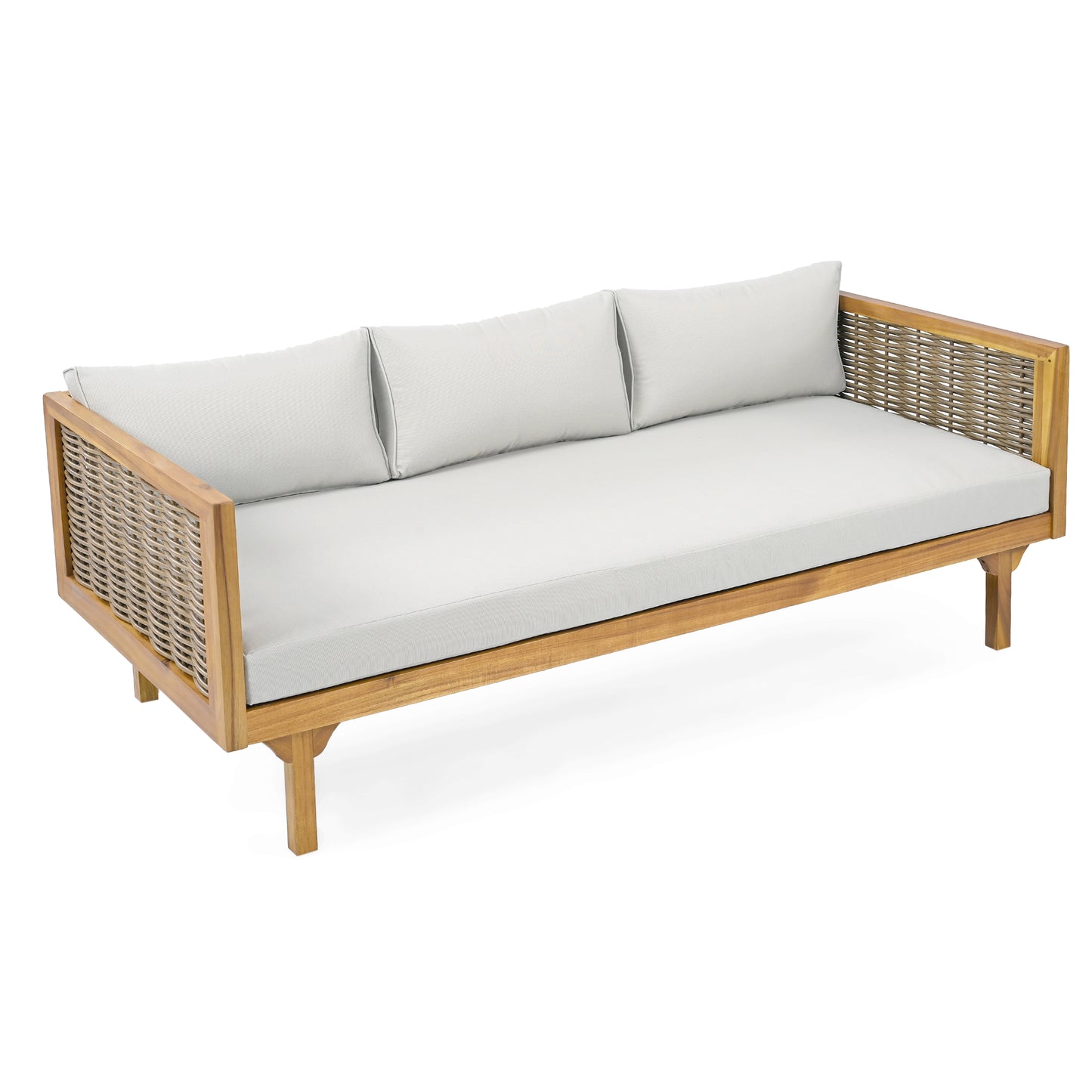 Xenath Outdoor Patio Furnitre Sets 3 Pieces,3 Seater Daybed With Rattan Arms  + Acacia Wood Table