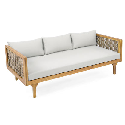 Xenath Outdoor Patio Furnitre Sets 3 Pieces,3 Seater Daybed With Rattan Arms  + Acacia Wood Table