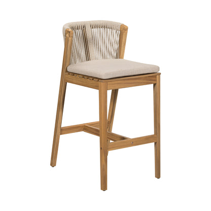 Ylisora Outdoor Barstool, Teak Finished Wood with Beige Cushion, Set of 2