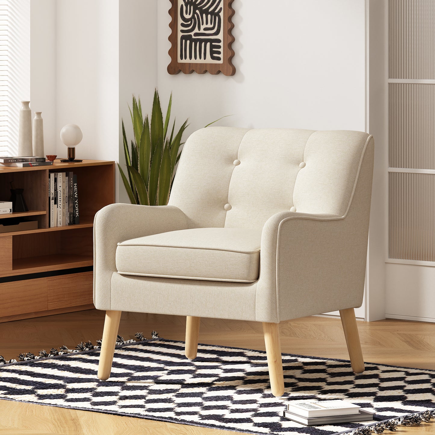 Tapara Mid-Century Modern Armchair - Tufted Fabric Accent Chair.