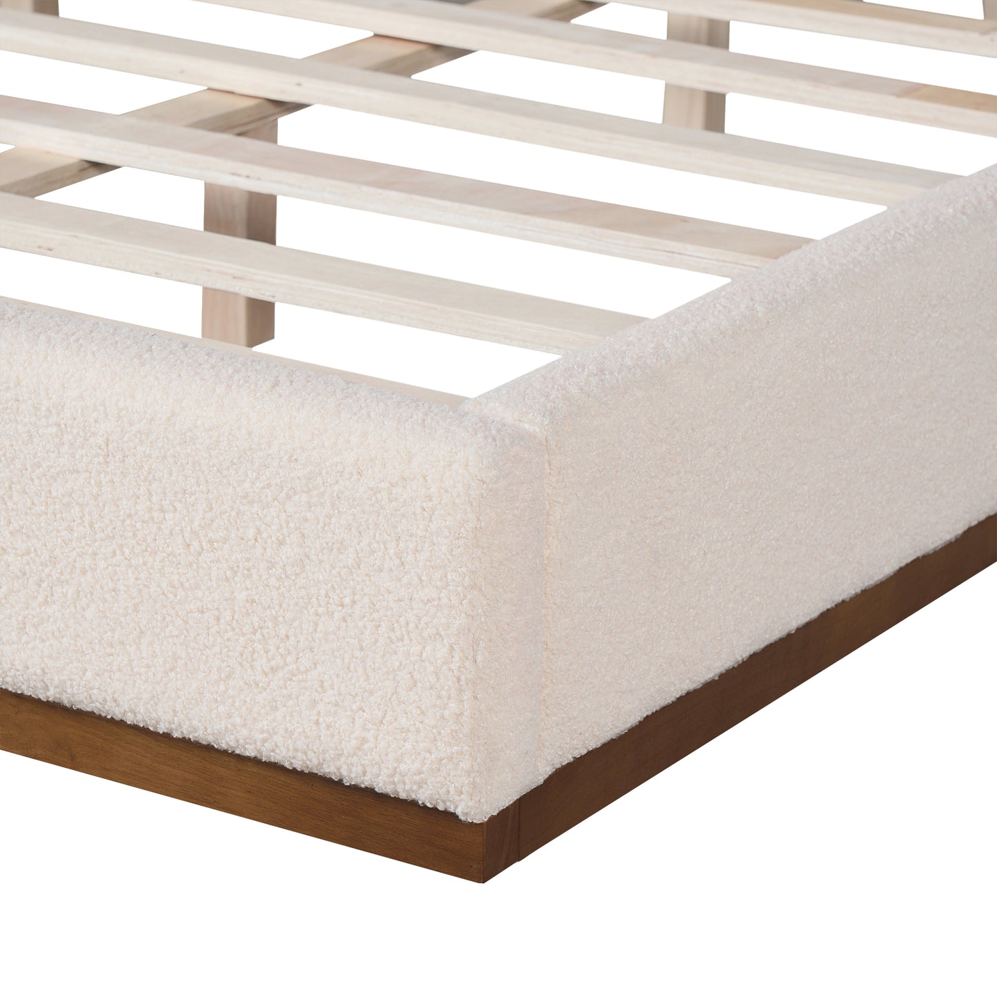 Tulae Elegant White Fabric Upholstered Bed, Wood Grain Textured,Solid Wood Base Frame