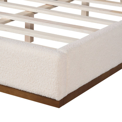 Tulae Elegant White Fabric Upholstered Bed, Wood Grain Textured,Solid Wood Base Frame