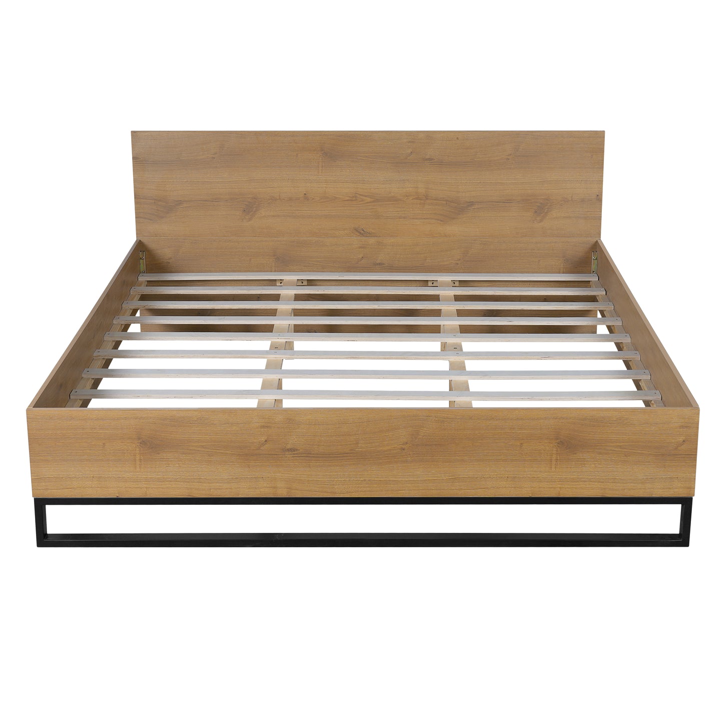 Ketura Two-Tone Aesthetic Engineered Wood Bed Frame in Natural Wood Grain and Matte Black Metal Leg