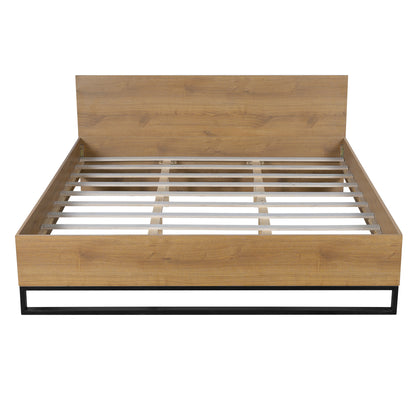 Ketura Two-Tone Aesthetic Engineered Wood Bed Frame in Natural Wood Grain and Matte Black Metal Leg