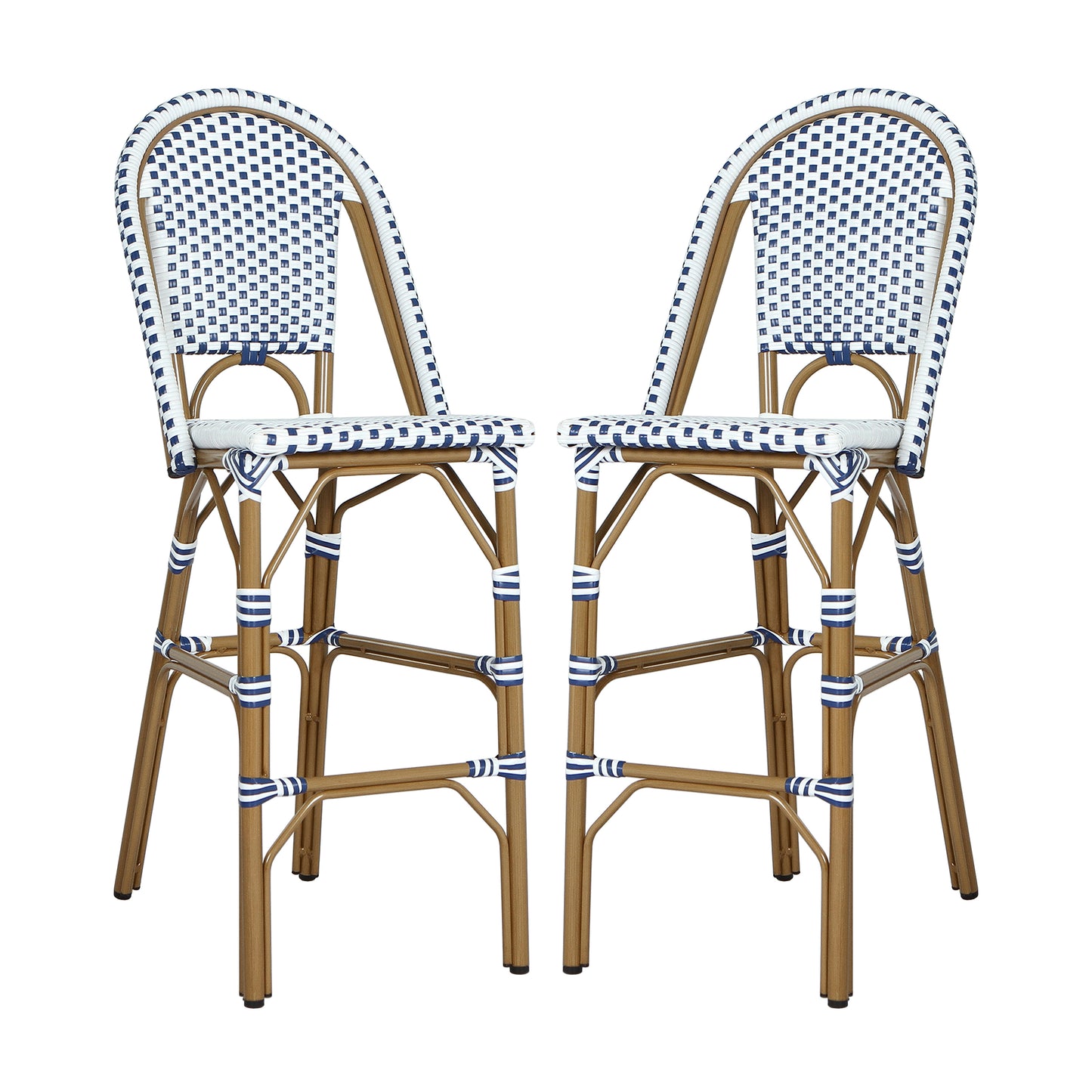 Altocanin 29.5" Outdoor PE Rattan French Barstool, White and Blue(Set of 2)