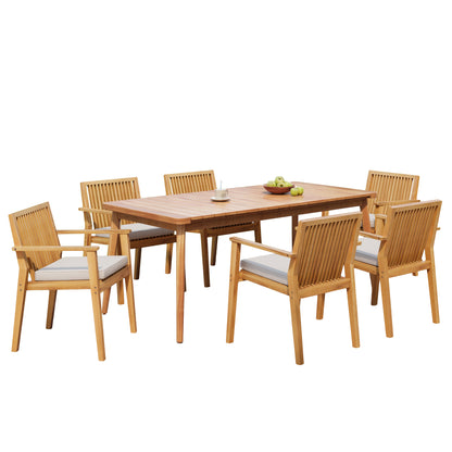 Somasilen 7-Piece Acacia Wood Outdoor Dining Set, 72"W Slatted Table & 6 Chairs