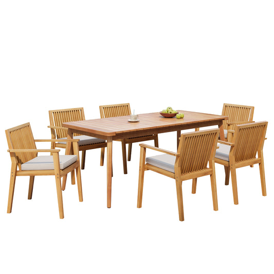 Somasilen 7-Piece Acacia Wood Outdoor Dining Set, 72"W Slatted Table & 6 Chairs
