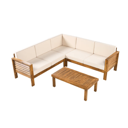 Fawne 4-Pieces Acacia Wood Patio Furniture Set, Outdoor Sectional Sofa Set with Coffee Table, 5 Seats L Shape Sofa Set Deep Seating with Soft Cushion, for Garden, Backyard Porch Balcony, Teak & Cream