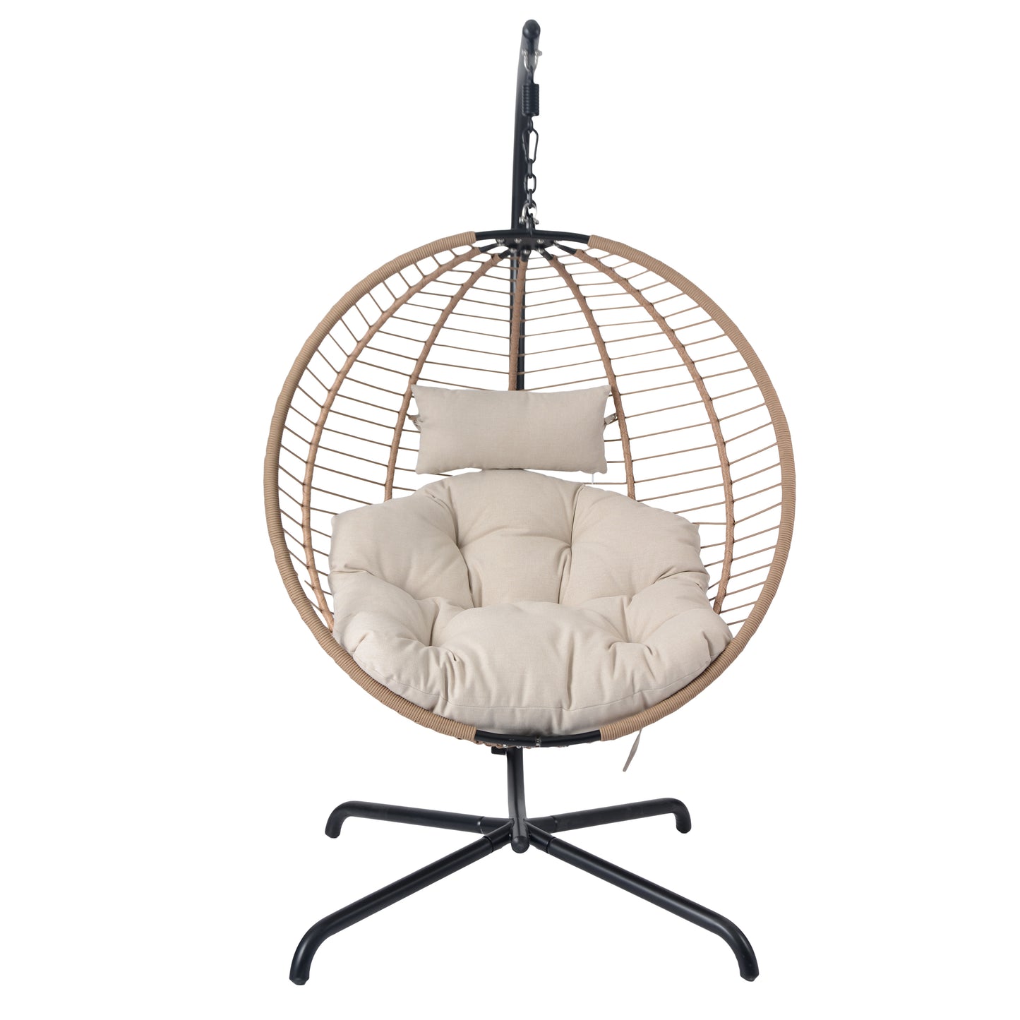 Luciane Outdoor Patio Hanging Basket Chair with Stand, Beige + Brown